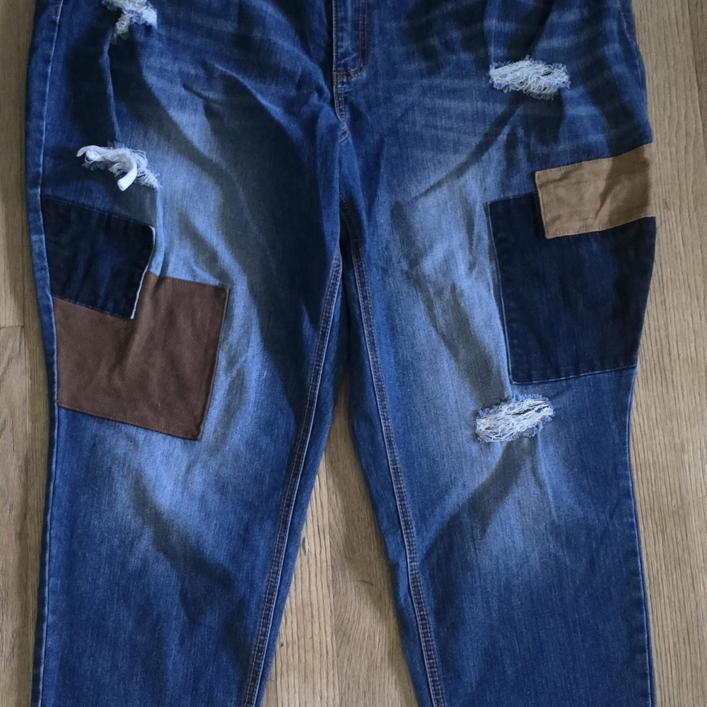 Womens Blue Distressed Jeans with Patches
